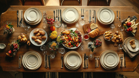 Dining table set for a family meal, top view, lots of space for copyの素材