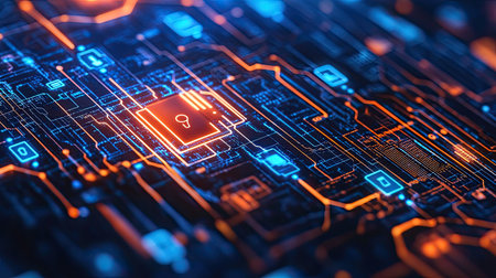 Top view of cybersecurity icons on a digital background, with copy space on the right side.の素材