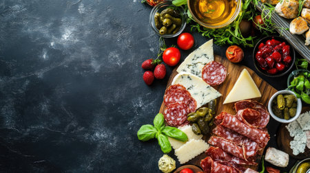 Dining table with a spread of appetizers, top view, empty space for copyの素材