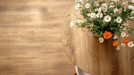 Dining table with a vase of flowers, top view, clean space for copyの素材
