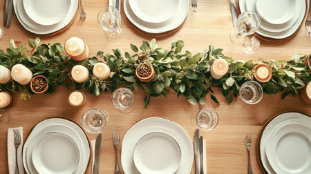 Dining table set with plates and glasses, top view, clean space for brandingの素材