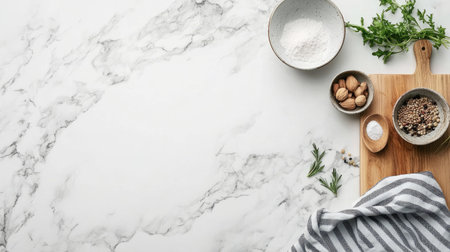 Modern kitchen countertop, top view, clean design with copy space for text or logoの素材