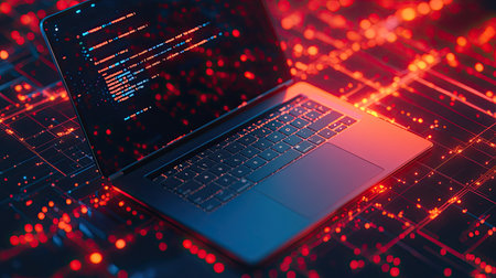 Top view of a sleek laptop on a glowing tech background, with copy space on the right.の素材