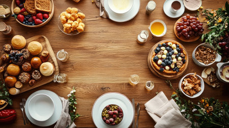 Dining table with a dessert spread, top view, lots of space for textの素材