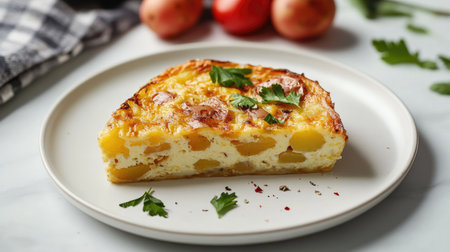 Spanish tortilla de patatas with eggs and potatoes on a white plate.の素材