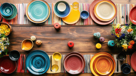 Dining table with colorful dishes, top view, lots of space for textの素材