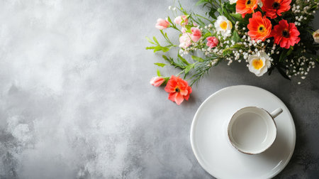 Dining table with a vase of flowers, top view, clean space for copyの素材