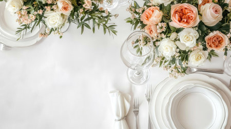 Dining table with a vase of flowers, top view, clean space for copyの素材