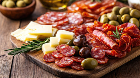 Spanish tapas assortment with olives, chorizo, and cheese on a wooden board.の素材