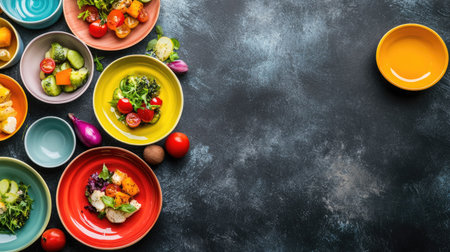 Dining table with colorful dishes, top view, lots of space for textの素材