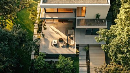 Top view of a modern house with a spacious backyard, leaving space for copy spaceの素材