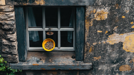 Overhead shot of a window with a bird feeder, generous space for textの素材
