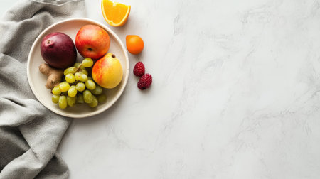 Dining table with a fruit bowl, top view, clean space for brandingの素材