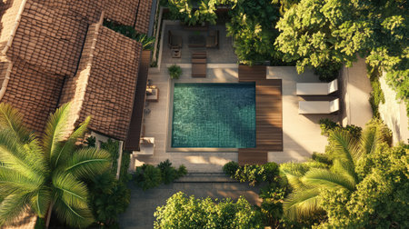 Top view of a luxurious villa with a pool and greenery, with plenty of room for copy spaceの素材