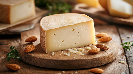 Spanish manchego cheese with quince paste and almonds on a wooden board.の素材