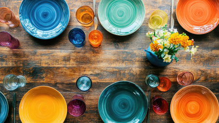 Dining table with colorful plates and glasses, top view, lots of copy space for textの素材