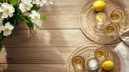 Dining table with placemats and glasses, top view, clean space for brandingの素材