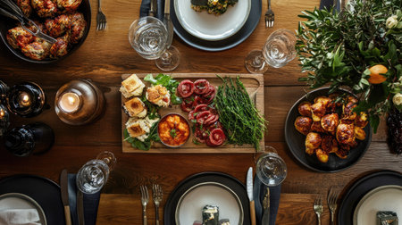 Dining table with a spread of appetizers, top view, empty space for copyの素材