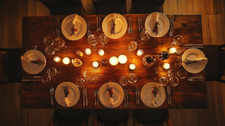 Dining table with candles and wine glasses, top view, lots of space for textの素材
