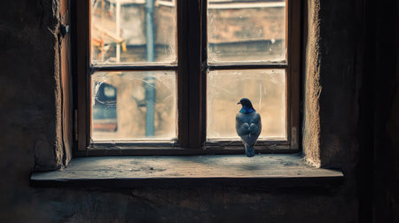 Overhead shot of a window with a bird outside, ample copy spaceの素材