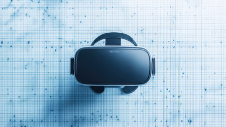 Top view of a virtual reality headset on a digital grid background, with ample copy space on the right.の素材