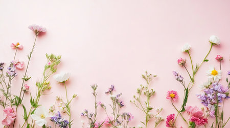 Freshly picked wildflowers scattered on a light pink background, with ample copy space on the top.の素材