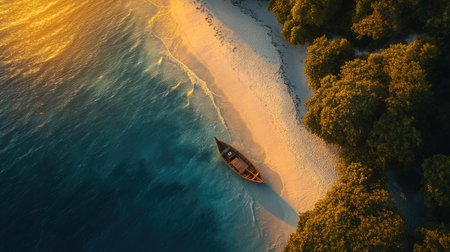 Aerial perspective of a boat by a serene white sandy beach at sunset, tropical landscape illuminated softlyの素材