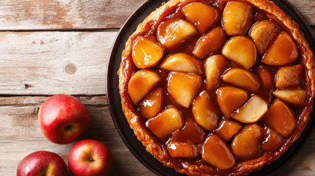 French tarte Tatin with caramelized apples on a rustic wooden table.の素材