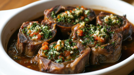 Italian osso buco with braised veal shanks and gremolata in a white dish.の素材