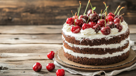 German Black Forest cake with cherries and whipped cream on a rustic wooden table.の素材