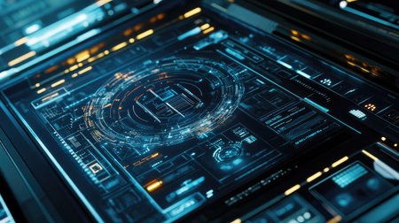 Top view of a futuristic interface on a digital tablet, with copy space in the bottom half.の素材