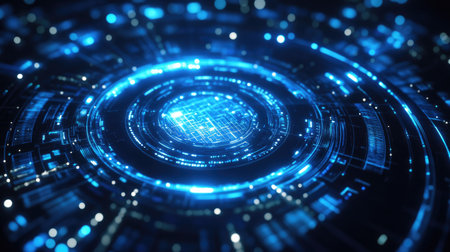 Top view of a futuristic holographic interface with copy space in the center.の素材