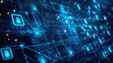 Top view of cybersecurity icons on a digital background, with copy space on the right side.の素材