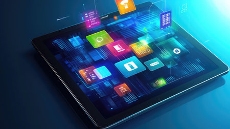 Top view of a digital tablet with holographic tech icons, with plenty of copy space on the right.の素材