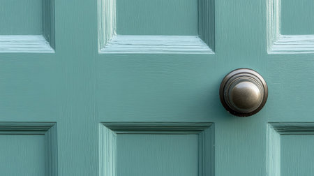 Overhead shot of a closed door with a stylish knob, clean background with space for textの素材