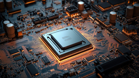 Top view of a computer processor on a tech-themed background, with ample copy space in the center.の素材