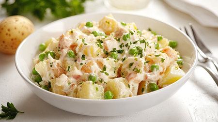 Spanish ensaladilla rusa with potatoes, peas, and mayonnaise in a white bowl.の素材
