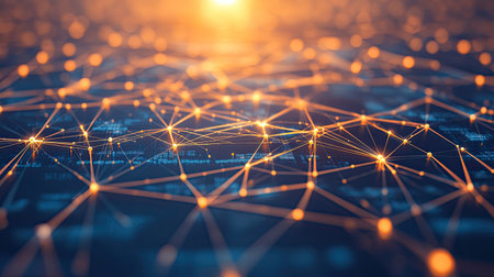Top view of a digital network with connected nodes and copy space in the center.の素材