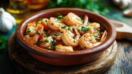 Spanish gambas al ajillo shrimp in garlic sauce in a rustic bowl.の素材
