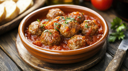 Spanish albondigas meatballs in a rich tomato sauce in a rustic bowl.の素材