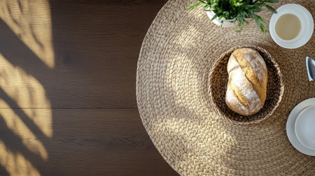 Dining table with a bread basket, top view, generous space for copyの素材
