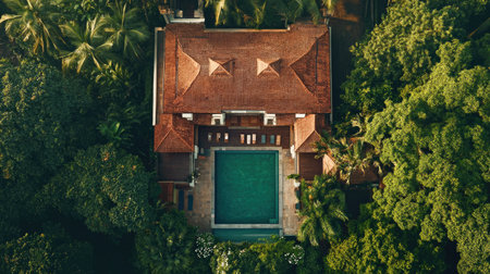 Top view of a luxurious villa with a pool and greenery, with plenty of room for copy spaceの素材