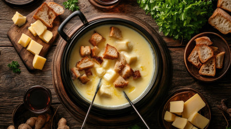 Swiss fondue with melted cheese, bread cubes, and vegetables on a rustic table.の素材