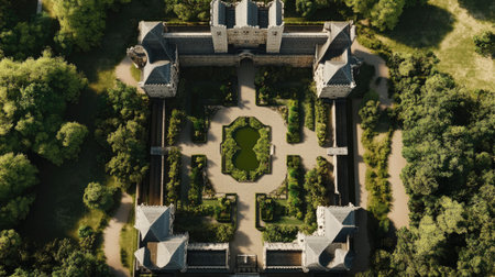 Top-down view of a castle with surrounding gardens and sky, leaving room for copyの素材
