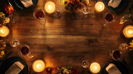 Dining table with wine glasses and candles, top view, open copy space for textの素材