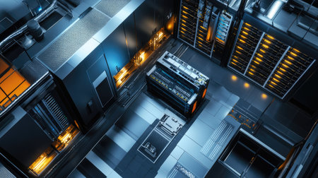Top view of a server room visualization with plenty of copy space on the left.の素材