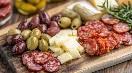 Spanish tapas assortment with olives, chorizo, and cheese on a wooden board.の素材