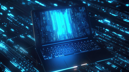 Top view of a sleek laptop on a glowing tech background, with copy space on the right.の素材