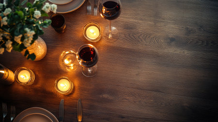Dining table with candles and wine glasses, top view, lots of space for textの素材