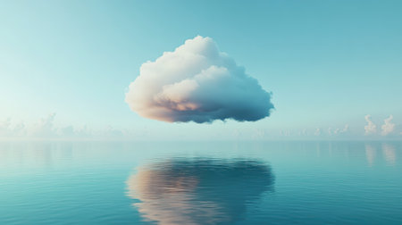 A digital cloud hovering above calm water, reflecting technological innovation and the concept of cloud computingの素材